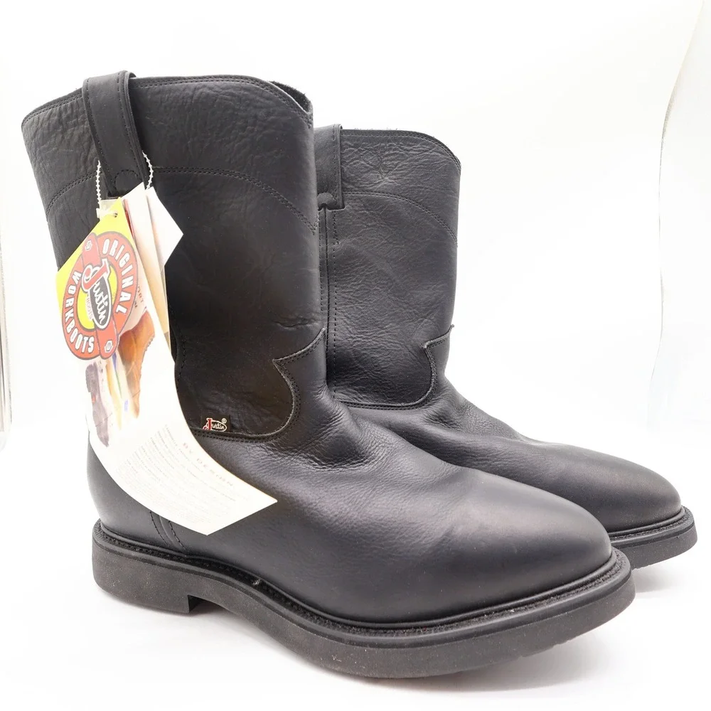 Justin Boots Mens 12 EE Black Leather Work Boots Pull On Roper 4763 NIB